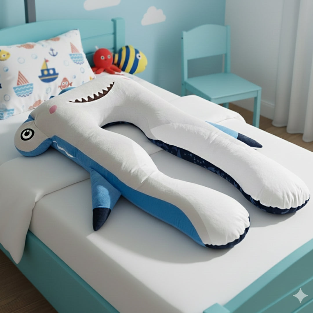 Haai lichaamskussen ergonomisch voor kinderen liggend op een bed in de kinderkamer